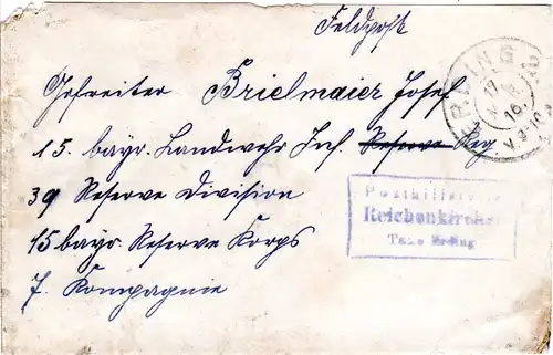 Bayern 1916, Posthilfstelle REICHENKIRCHEN Taxe Erding auf Brief m. K2 Freising