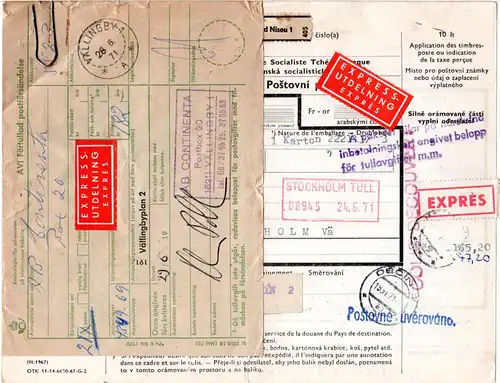 Tschechoslowakei 1971, Express Paketkarte v. Jablonec m. Schweden Postformular.