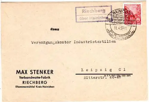 DDR 1957, Landpost Stpl. RIECHBERG über Hainichen auf Firmen Brief m. 20 Pf.