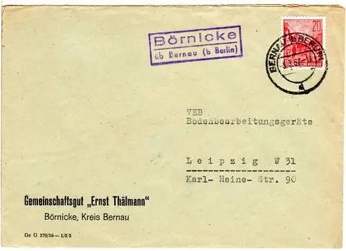 DDR 1957, Landpost Stpl. BÖRNICKE über Bernau auf Firmen Brief m. 20 Pf.