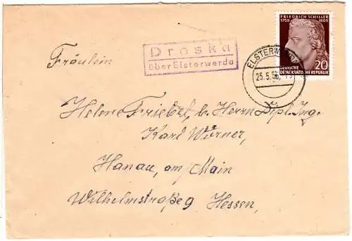 DDR 1955, Landpost Stpl. DRESKA über Elsterwerda auf Brief m. 20 Pf.