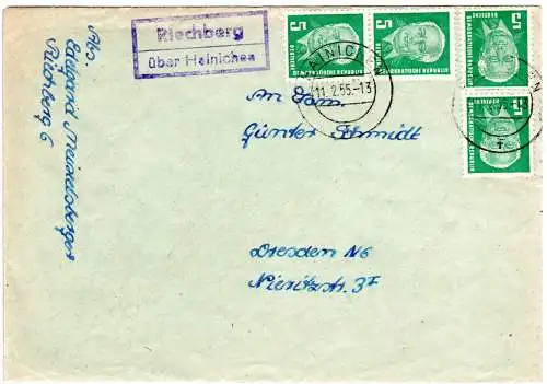 DDR 1955, Landpost Stpl. RIECHBERG über Hainichen auf Brief m. 4x5 Pf.