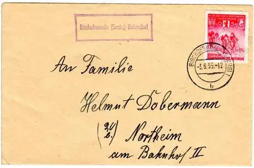 DDR 1955, Landpost Stpl. BISCHOFSWERDA (Sachs)-BELMSDORF auf Brief m. 20 Pf..