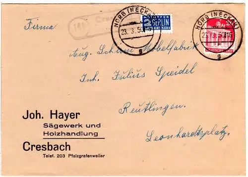 BRD 1950, Landpost Stpl. 14b CRESBACH über Pfalzgrafenweiler auf Brief m. 20 Pf.