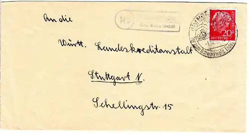BRD 1958, Landpost Stpl. 14b GÜMMETTSTETTEN über Horb auf Brief m. 20 Pf.