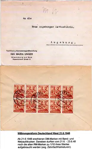 1948, 10er-Block 24 Pf. auf Währungsreform 10fach-Frankatur Brief v. Starnberg