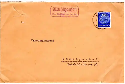 DR 1936, Landpost Stpl. MÜHLHAUSEN über Vaihingen an der Enz auf Brief m. 25 Pf.