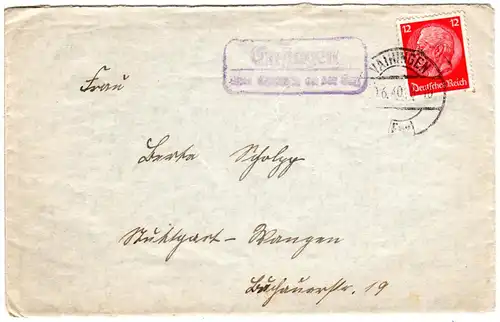 DR 1940, Landpost Stpl. ENSINGEN über Vaihingen an der Enz auf Brief m. 12Pf.