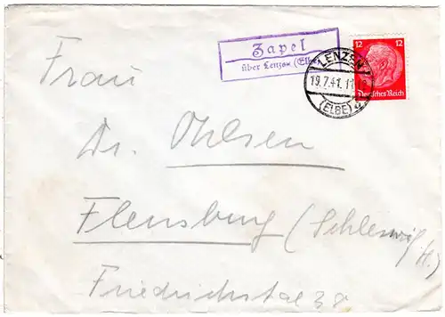 DR 1941, Landpost Stpl. ZAPEL über Lenzow (Elbe) auf Brief m. 12 Pf. 