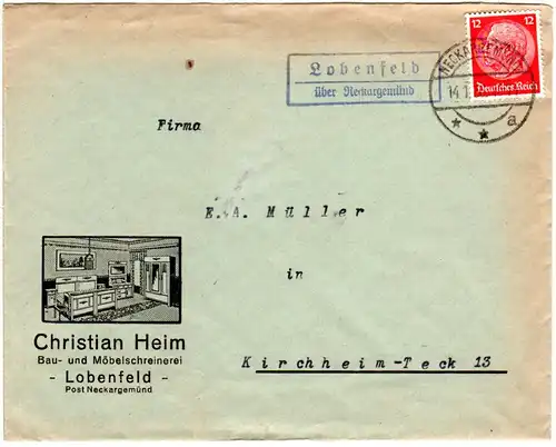 DR 1936, Landpost Stpl. Lobenfeld über Neckargemünd auf Firmen Brief m. 12 Pf. 