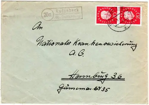 BRD 1960, Landpost Stpl. 20a RADENBECK üb. Dahlenburg auf Brief m. 2x20 Pf.