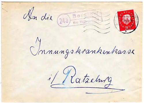 BRD 1960, Landpost Stpl. 24a BORSTORF über Mölln auf Brief m. 20 Pf.