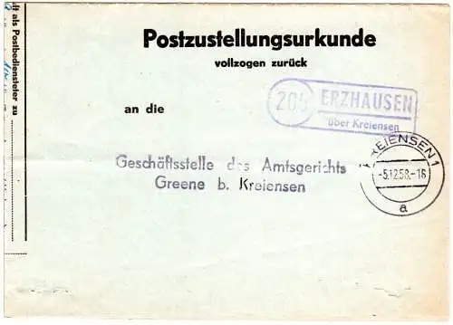 BRD 1958, Landpost Stpl. 20b ERZHAUSEN über Kreiensen auf Zustellungsurkunde.