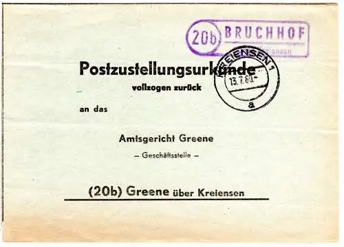 BRD 1960, Landpost Stpl. 20b BRUCHHOF über Kreiensen auf Zustellungsurkunde.