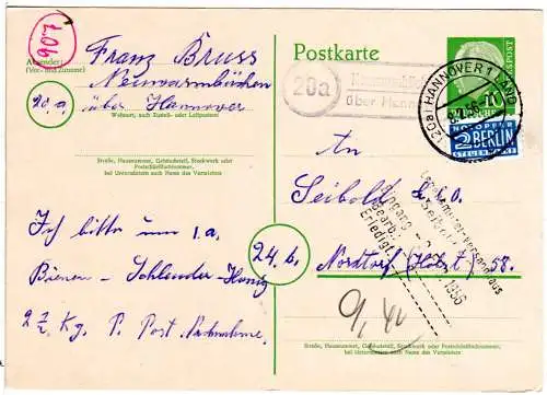 BRD 1956, Landpost Stpl. 20a NEUWARMBÜCHEN über Hannover auf 10 Pf. Ganzsache