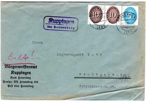 DR 1935, Landpost Stpl KUPPINGEN über Herrenberg auf Bürgermeister Dienst Brief 