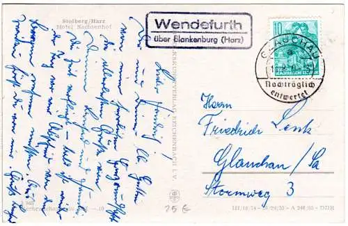 1959, Landpost Stpl. WENDEFURTH über Blankenburg auf AK m. 10 Pf.