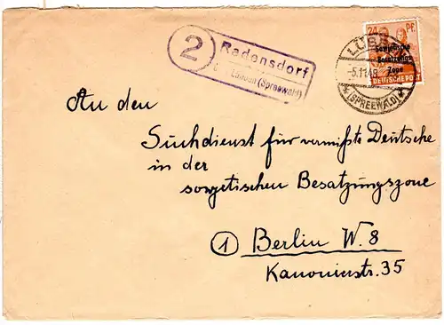 SBZ 1948, Landpost Stpl. 2 RADENSDORF über Lübben auf Brief m. 24 Pf.