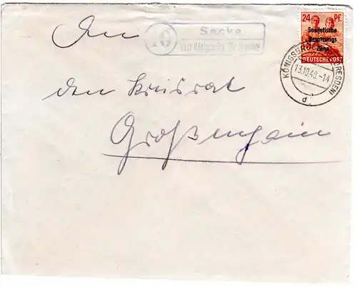 SBZ 1948, Landpost Stpl. 10 SACKA über Königsbrück auf Brief m. 24 Pf.