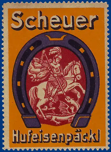 Scheuer Hufeisenpäckl, alte Werbevignette m. Drachen, Pferd u. Ritter. #S745