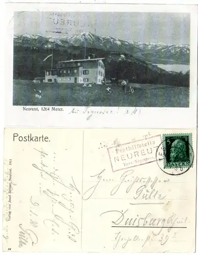 Bayern 1912, Posthilfstelle NEUREUT Taxe TEGERNSEE (Typ 2) auf sw-AK m. 5 Pf