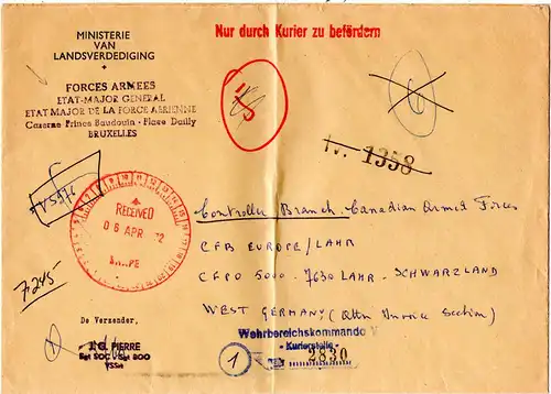Belgien 1972, FORCES ARMEES Kurierpost an CFB Europe Lahr in Deutschland