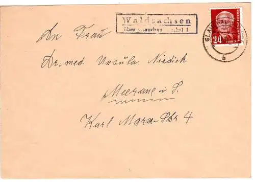 DDR 1953, Landpost Stpl. WALDSACHSEN über Glauchau auf Brief m. 24 Pf.