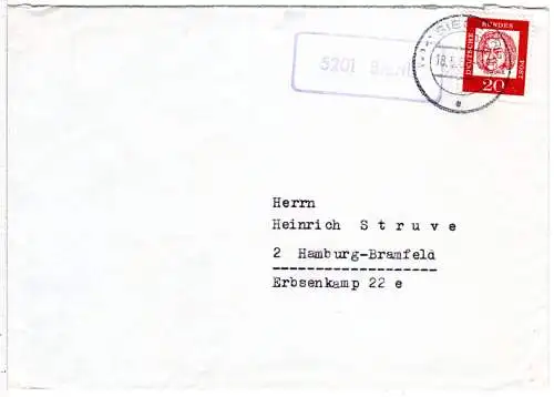 BRD 1964, Landpost Stpl. 5201 BIERTH auf Brief m. 20 Pf. u. Stpl. Siegen