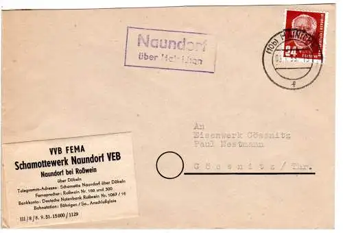 DDR 1953, Landpost Stpl. NAUNDORF über Hainichen auf Brief m. 24 Pf.