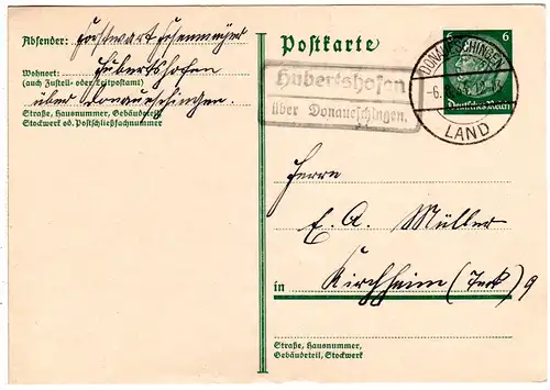 DR 1934, Landpost Stpl. HUBERTSHOFEN über Donaueschingen auf 6 Pf. Ganzsache