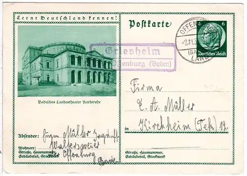 DR 1943, Landpost Stpl. GRIESHEIM über Offenburg auf 6 Pf. Bild-Ganzsache