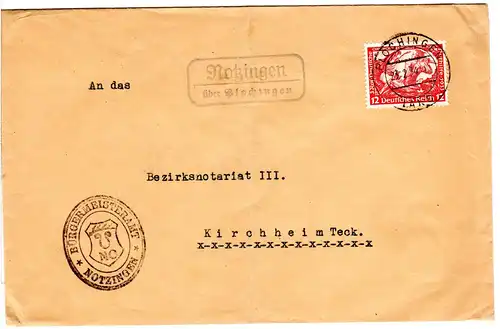 DR 1934, Landpost Stpl. NOTZINGEN über Plochingen auf Bürgermeister Brief