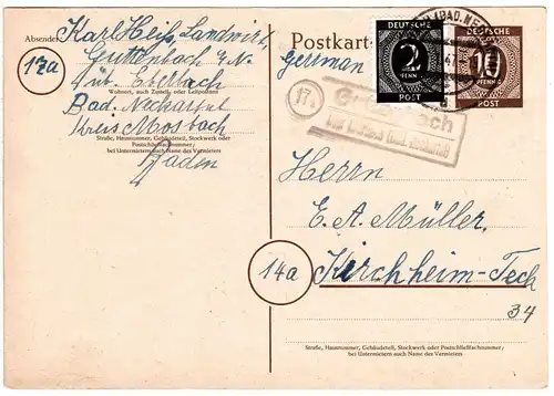 1947, Landpost Stpl. 17a GUTTENBACH über Eberbach auf 10 Pf. Ganzsache m. Zusatz