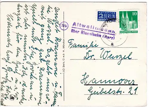 1950, Landpost Stpl. 20 b ALTWALLMODEN über Ringelheim auf Karte m. 10 Pf.