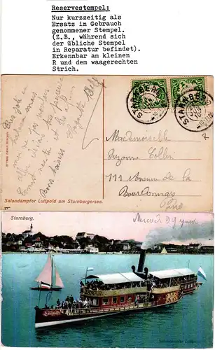 Bayern 1910, Reservestempel STARNBERG R auf AK m. 2x5 Pf. u. Dampfer Luitpold
