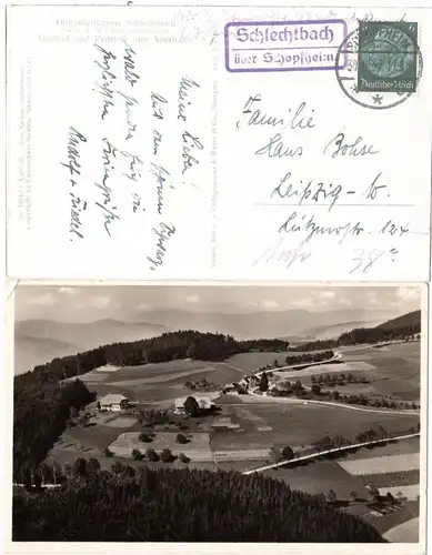 DR 1937, Landpost Stpl. SCHLECHTBACH über Schopfheim auf sw-AK m. 6 Pf.