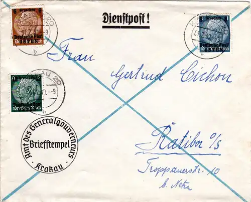 Generalgouvernement 1940, 3 Marken auf Dienstpost Brief v. Krakau 20