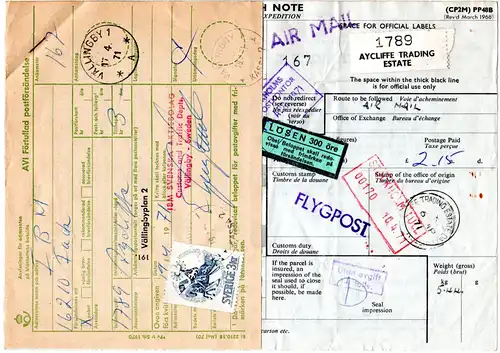 GB 1971, Luftpost Paketkarte v. Darlington m. Schweden Porto u. Postformular