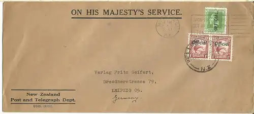 Neuseeland 1937, 1/2+Paar 1d Official auf Dienst Brief v. Wellington n. Leipzig