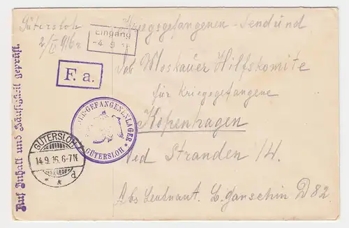 DR 1916, KGF POW Zensur Brief v. Offizier Lager Gütersloh n. Dänemark