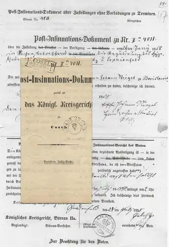 Preussen 1858, Insinuations Dokument m. R2 COSEL u. K2 Gnadenfeld. Oberschlesien