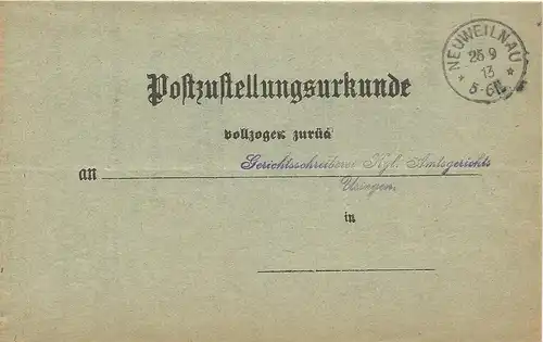 DR 1913, Post Zustellungsurkunde m. K1 Neuweilnau
