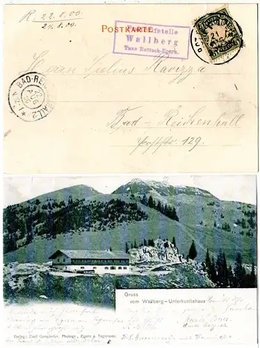 Bayern 1900, Posthilfstelle WALLBERG Taxe Rottach-Egern auf sw-AK m. 5 Pf