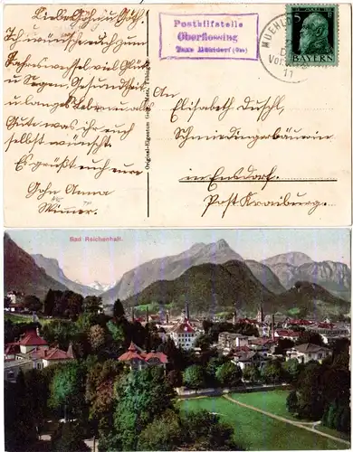 Bayern 1911, Posthilfstelle OBERFLOSSING Taxe Mühldorf auf Reichenhall-AK 