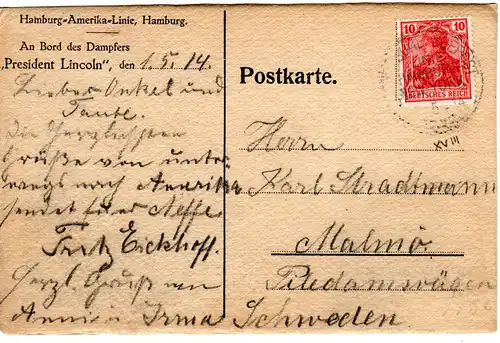 DR 1914, Deutsche Seepost Linie Hamburg New-York XVIII auf Karte m. 10 Pf.