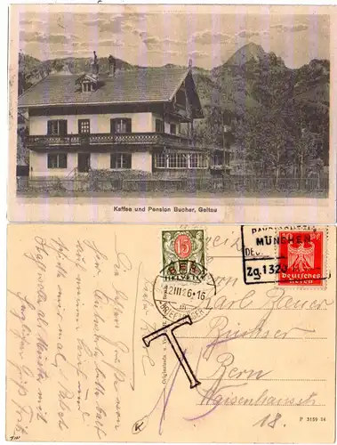 DR 1926, 10 Pf. m. Bahnpoststpl. auf AK Pension Bucher, Geitau m. Schweiz Porto