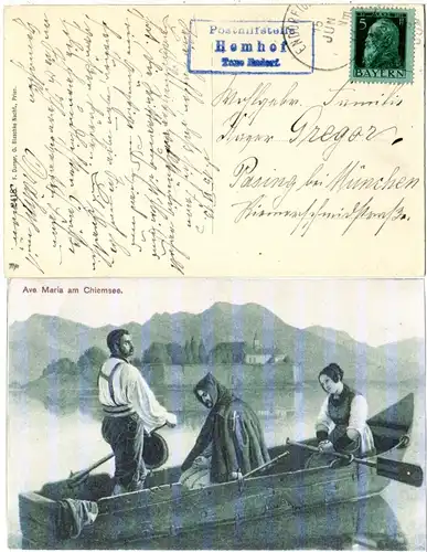 Bayern 1913, Posthilfstelle HEMHOF Taxe Endorf auf Chiemsee AK m. 5 Pf.