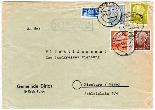 BRD 1954, Landpost Stpl. 16 DIRLOS über Fulda auf Gemeinde Brief m.2+4+6+8 Pf.