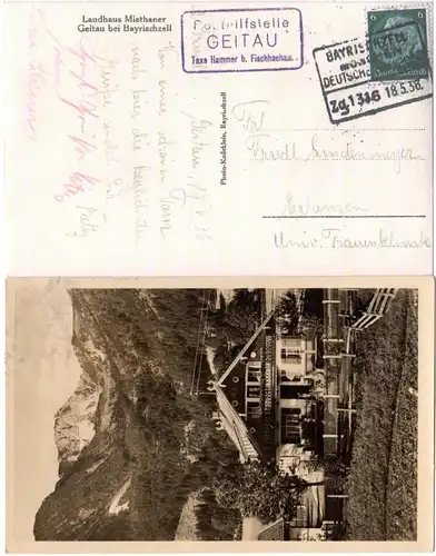 DR 1936, R3 Posthilfstelle GEITAU Taxe Hammer b. Fischbachau auf sw-AK m. 6 Pf.