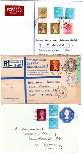 GB, 3 Briefe n. Deutschland m. Elizabeth Frankaturen. Dabei Reko u. Express 